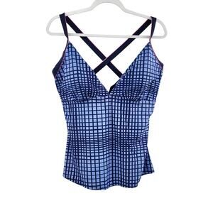 Athletech Blue Checkered Print Tankini Swim Top Women’s Plus Size 20 Beach